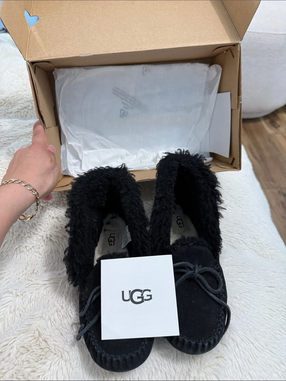 UGG Kids Black Suede Moccasin Slippers with Bow Accent